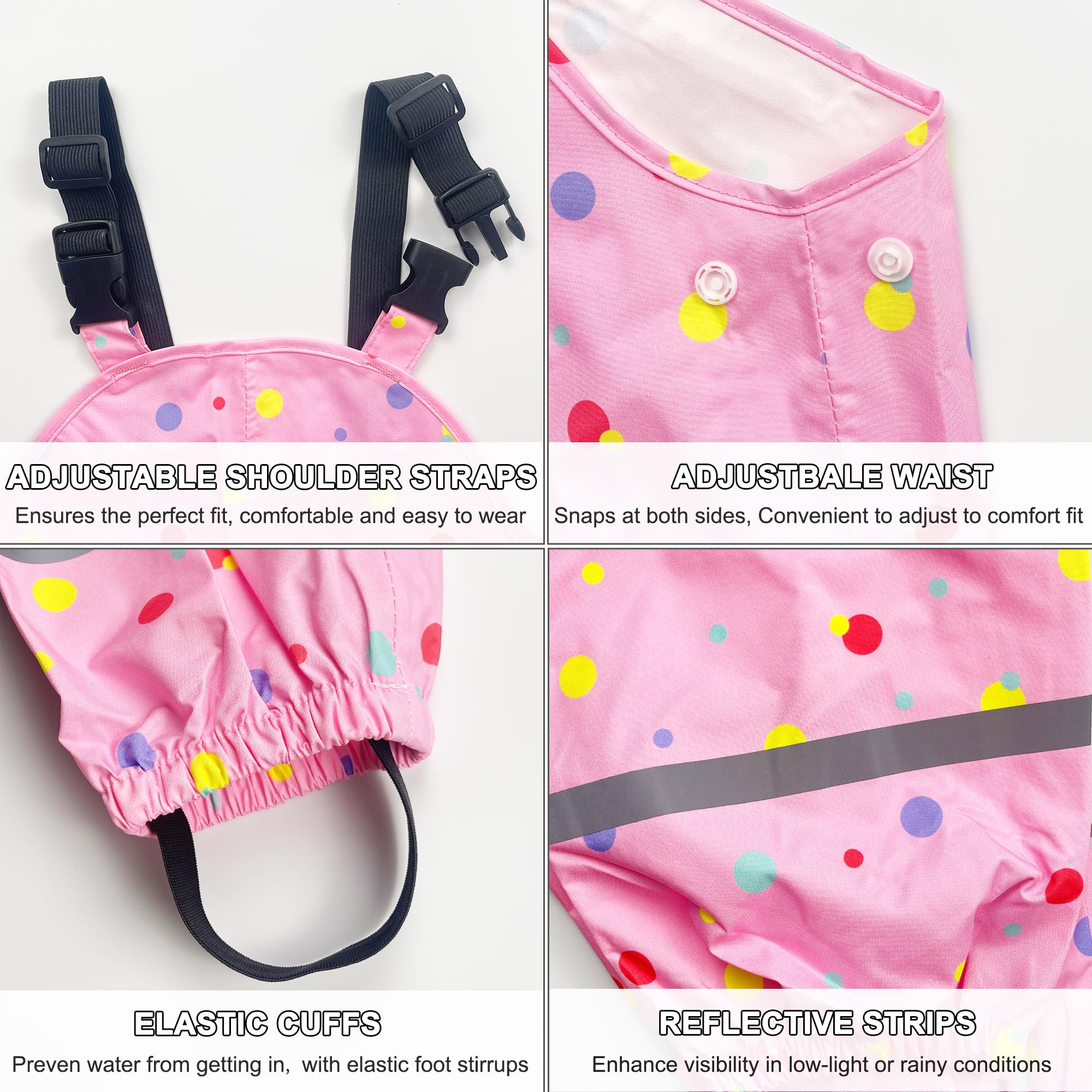 Fewlby Pantaloni Impermeabili Bambino Pantaloni da Pioggia, Salopette Impermeabile Bambina Tuta Pioggia con Strisce Riflettenti Ragazze Ragazzi per 2-6 anni