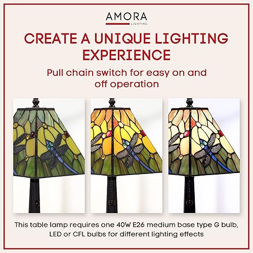 Miniatura 7 de Amora Lámpara de mesa vintage Tiffany – Luz nocturna de mesa de libélula azul floral – Lámpara de mesa de noche de cristal amarillo y verde –