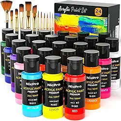 Nicpro Conjunto de tinta acrílica, 24 cores com 12 pincéis e paleta, kit de materiais de arte não tóxicos para pintura de tecido, tela, argila, madeira, rocha e cerâmica, abóbora de Halloween