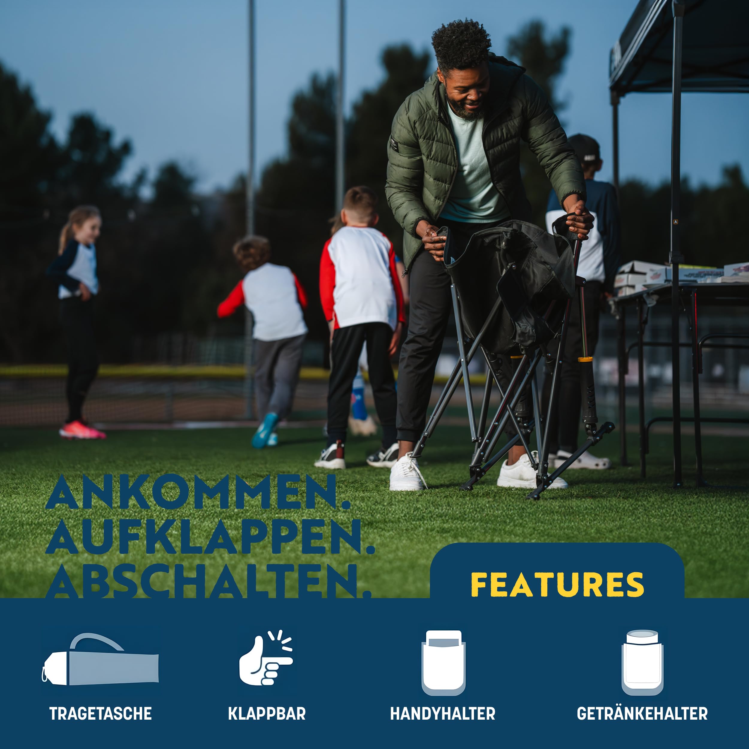 GCI Outdoor – Pod Rocker – Faltbarer Campingstuhl mit patentierter Schaukelfunktion – Relax-Sitzpositionmit breiter Sitzschale – bis 130 kg belastbar – Klappbar, Getränke- & Handyhalter – Charcoal
