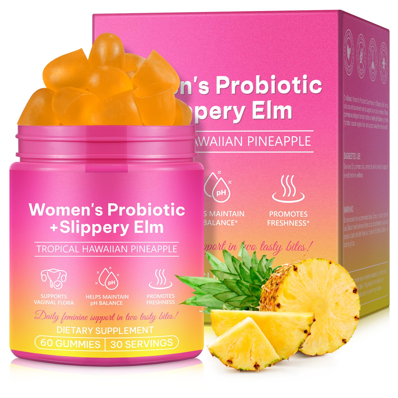 Feminine Probiotics Gummies,With Slippery Elm & Prebiotic Fiber,Probiotic Health Support,PH Balance Gummies for Women,Promotion of Womens Health,Natural Pineapple Flavor,Vegan,Gluten-Free,60 Count