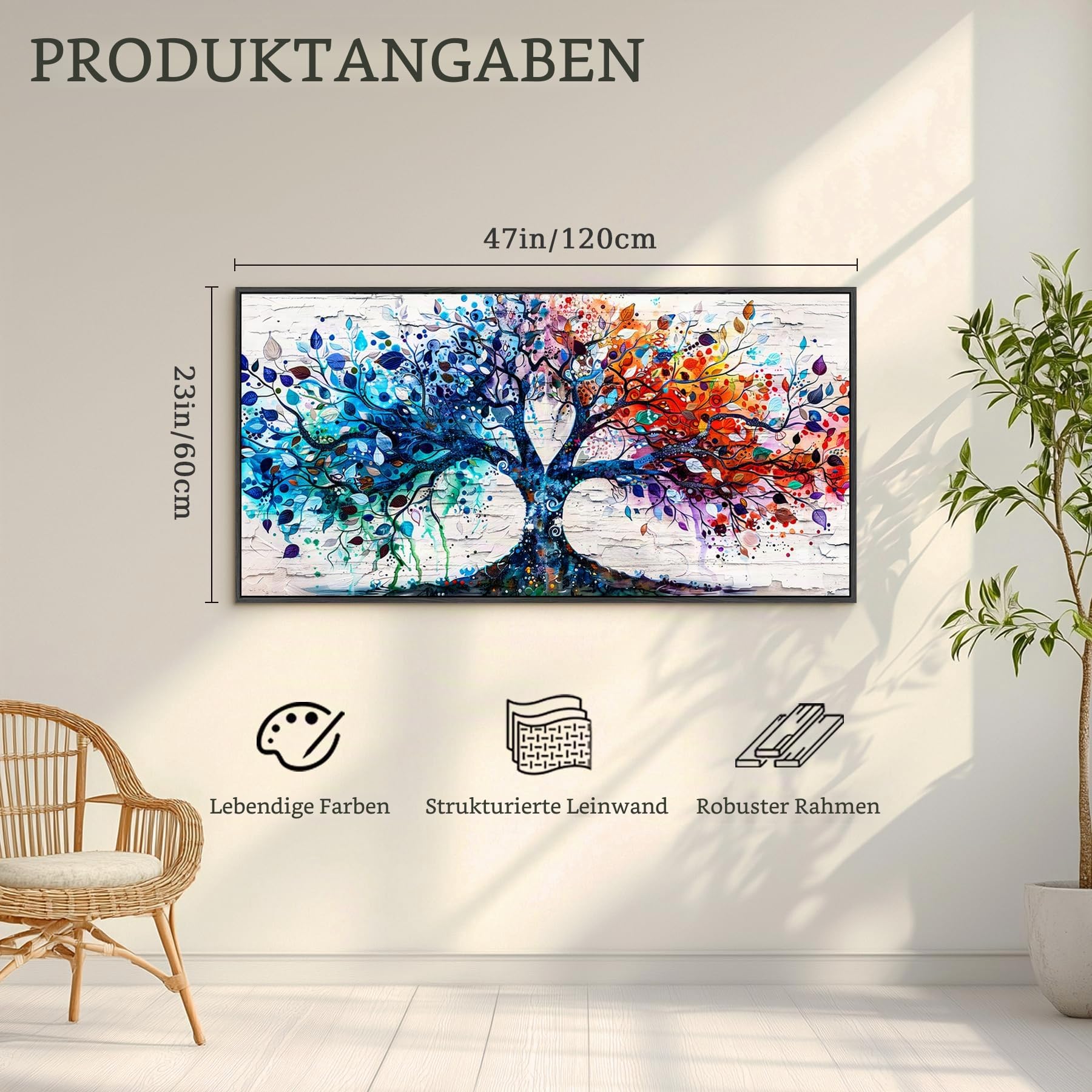 hyidecorart Bunter Baum des Lebens Bilder mit Rahmen Wohnzimmer 60x120 cm | Exquisites Motiv, HD-Druck, Einfach Aufzuhängen, Große Formate, Flexible Raumdeko, Schöne Wandkunst, Geschenk, Leinwandbilder