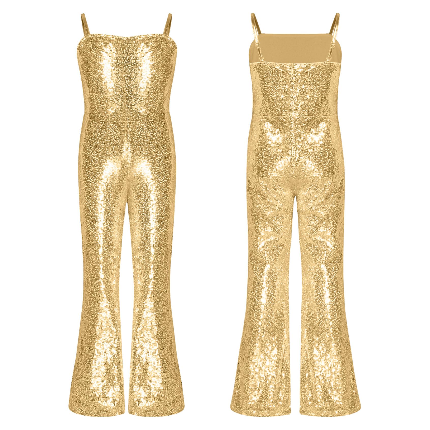 Rswnyirn Kids Girls Sleeveless Shiny Sequin Jumpsuit Movie Star Dance Leotard Fancy Dress Up Singer Bodysuit Gold 15-16 Years