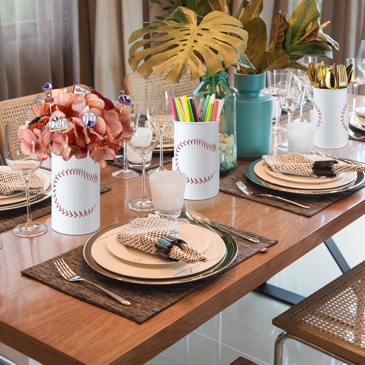 Domensi 6 Pcs Baseball Party Decorations Table Centerpiece Baseball Themed Vase Galvanized Metal Tin for Artificial Flowers Sports Utensil Holder for Kitchen Home Party Supplies