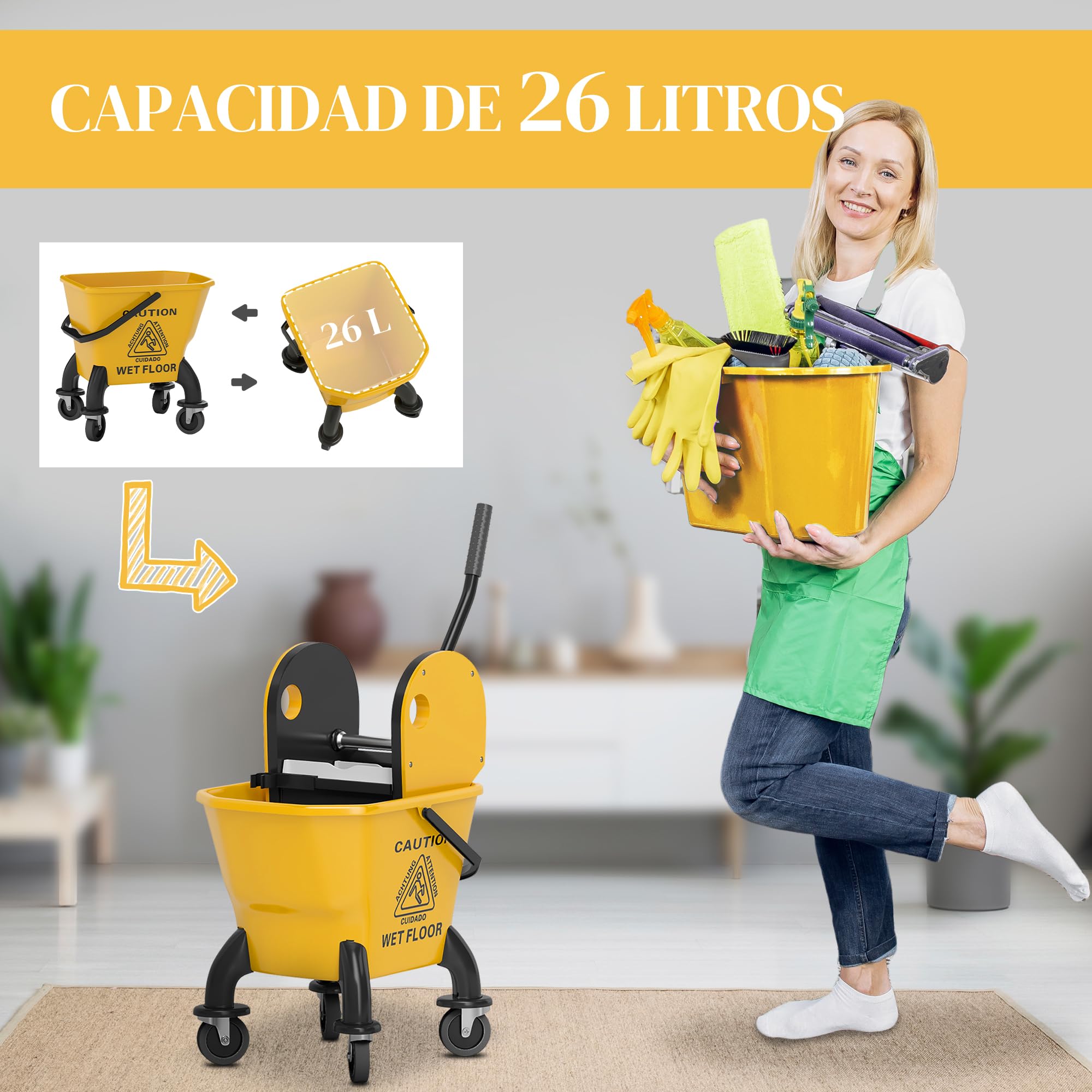 HOMCOM Cubo de Fregona con Ruedas, Escurridor Desmontable de Prensa hacia Abajo, Capacidad 26 L/27,5 qt, Cubo de Fregar Incluye Fregona y Asa, para Uso Comercial y Doméstico, Amarillo
