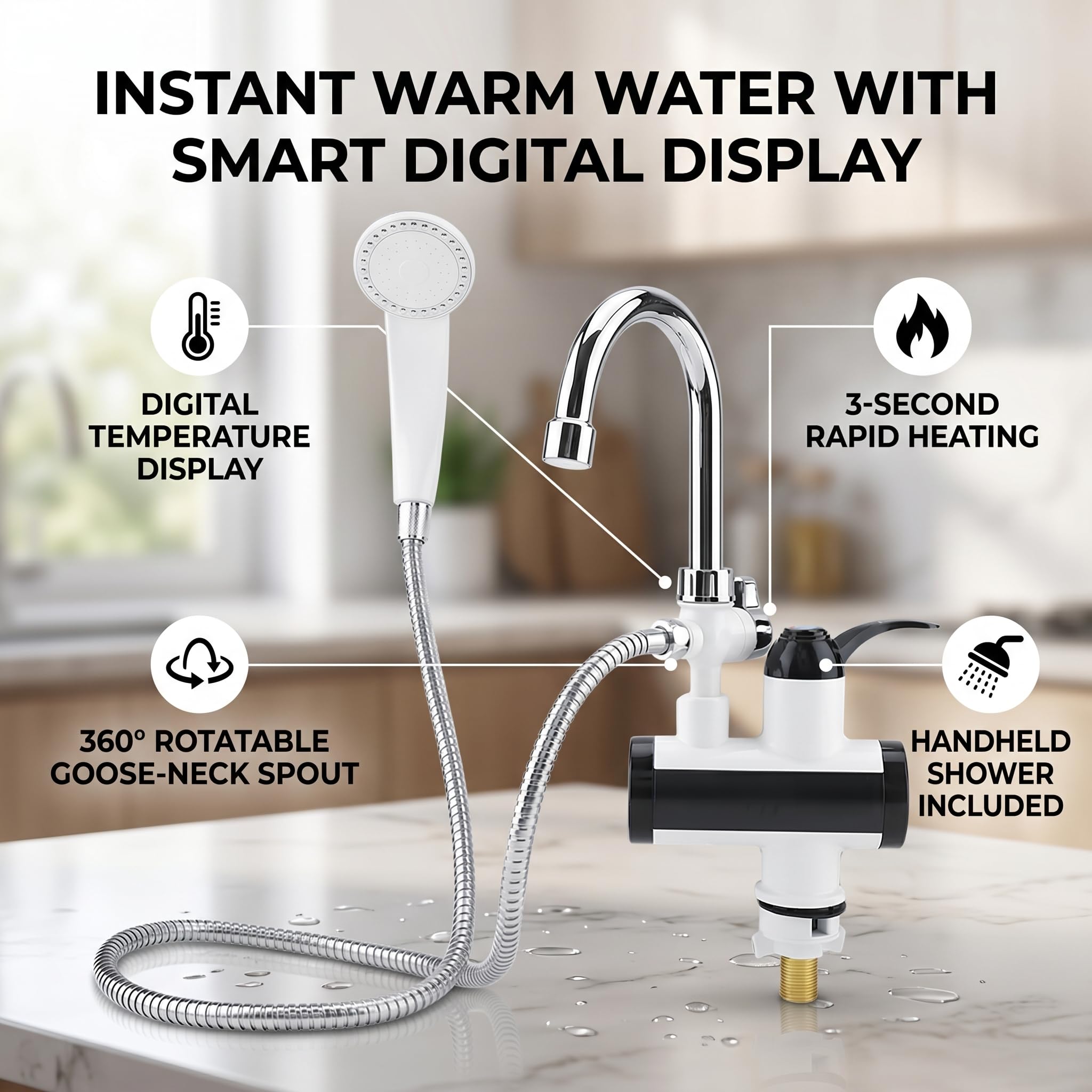 Display della Temperatura del Rubinetto del Riscaldamento 'erogatore Istantaneo di Acqua Calda e Fredda, Rotazione di 360 Gradi con Soffione per Bagno (Spina europea)