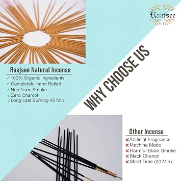 raajsee 100% Organic Hand Rolled Incense Sticks 6 Pack Variety Set 15gm Each,Nagchampa-Lavender-Sandalwood-Patchouli-Japanese Rose-White Sage- Perfect For Church,Aromatherapy,Relaxation Meditation