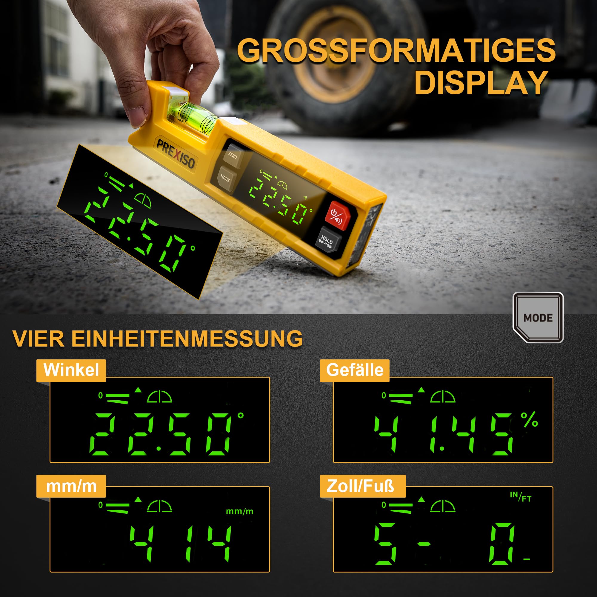 PREXISO Digitale Wasserwaage & Digitaler Winkelmesser, 17,5 cm, 0–90° & 0–180° Messbereich, Magnetische V-Nut, Torpedo-Wasserwaage mit Audioanzeige für Holzarbeiten & Heimwerker