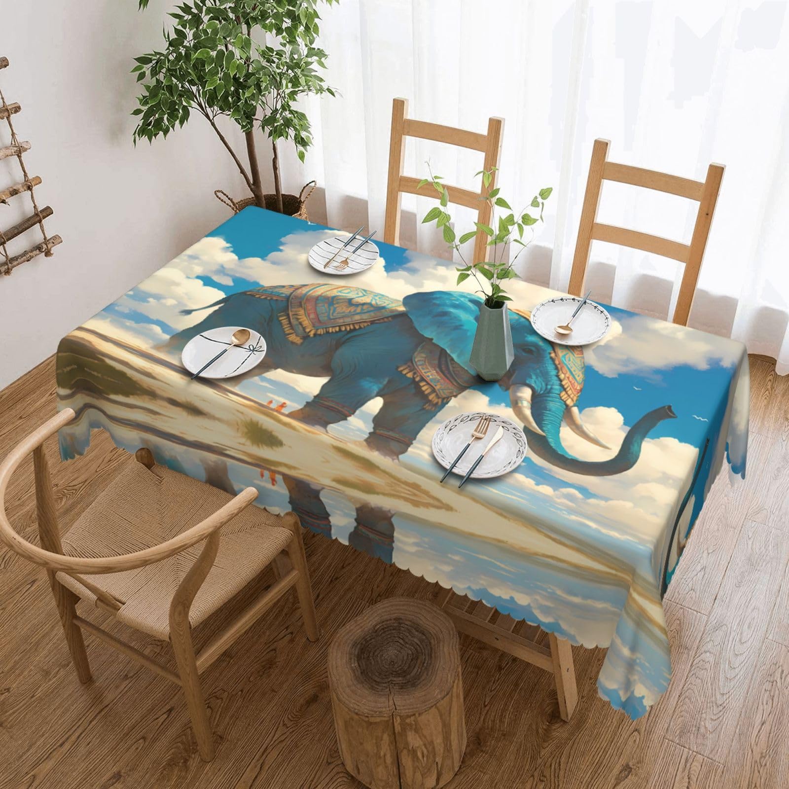 QAZWZML Blue Elephant Printed tablecloth, made of thick polyester with lace trim, suitable for dining rooms, picnics, and weddings