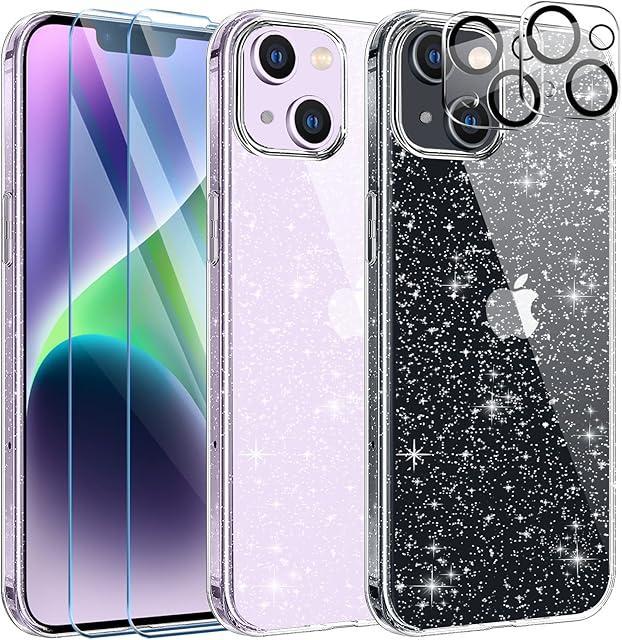AROYI [5 in 1] Clear Glitter Case for iPhone 14 Case with 2 Pack Tempered Glass Screen Protector and 2 Pack Camera Lens Protector, Soft Bumper Anti-Scratch Sparkle Bling 14 Phone case 6.1 Inch