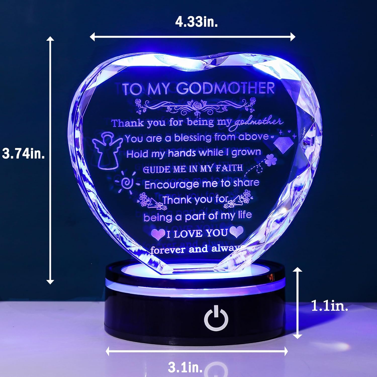 YWHL Godmother Gifts from Godchild with Colorful LED Base Best Heart Crystal Keepsakes Godmother Gift Idea from Goddaughter Godson for Mothers Day, Christmas, Birthday, Thanksgiving