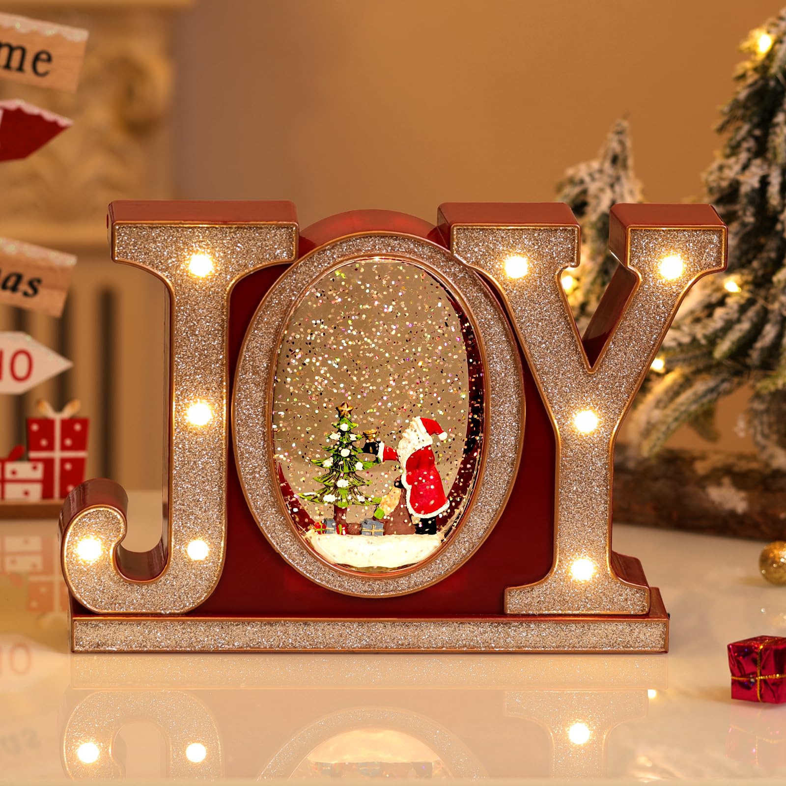 Lewondr Globo di Neve Natalizio con Musica e Luci, Globo di Cristallo Joy con 8 Diverse Canzoni a Tema Natalizio, con Funzione Timer di 6 Ore, Alimentazione USB e a Batteria per Tavolo e Camino, Oro