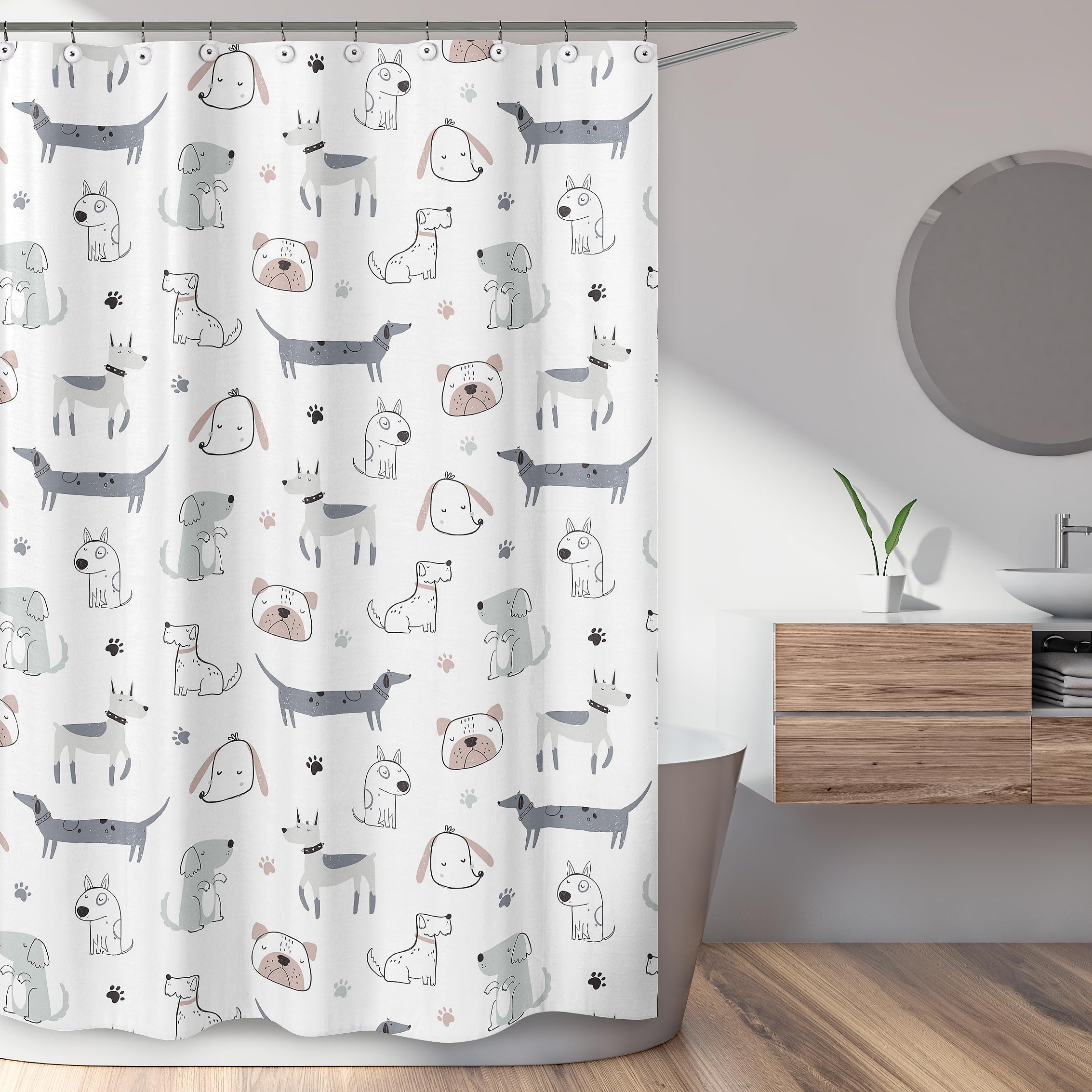 Sweet Jojo Designs Duschvorhang, Uni, geschlechtsneutraler Stoff, Badezimmer, Dekoration, Bad, Baby, Kind, Teenager, Kinder, 183 x 183 cm, Grau, Taupe, Blau, modern, Welpe, Aquarell, Welpen,