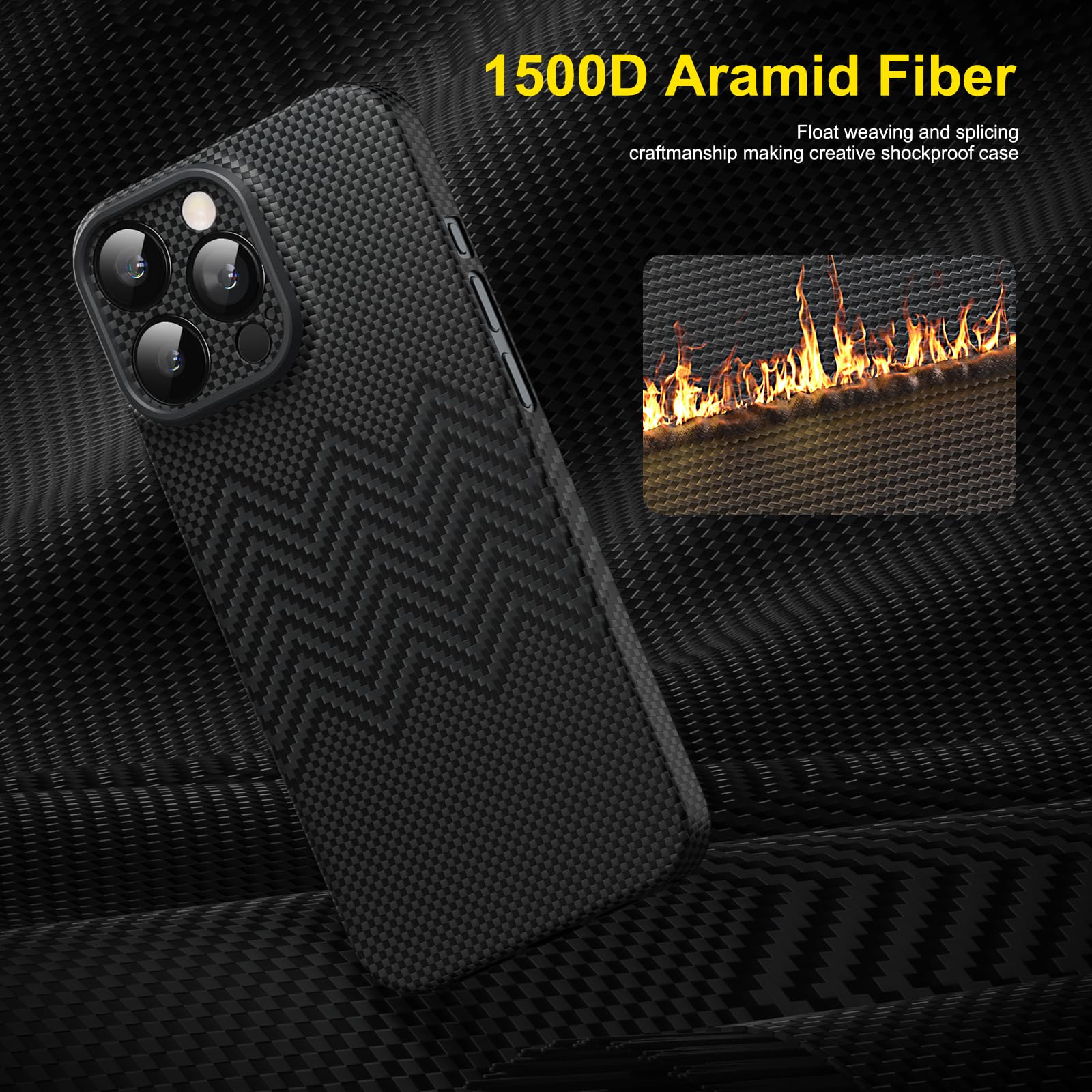 memumi Aramid Fiber iPhone 16 Pro Case Wavy Black, 1500D Aramid Fiber, 0.5mm Slim Fit, Military Grade Protection, Shock-Absorbent - Image 2