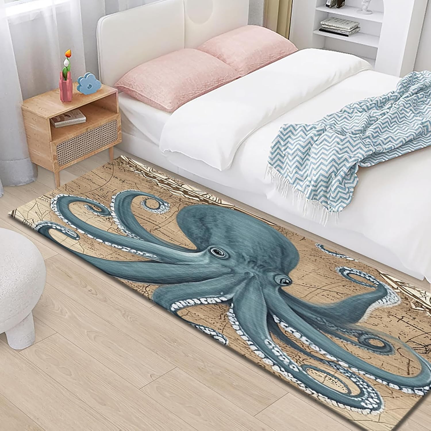 Octopus Runner Rug 2x8ft,Big Grey Octopus Tentacles Washable Rugs,Soft Realistic Sea Creatures Non Slip Kitchen Mats for Floor,Huge Ocean Kraken Low Pile Hallway Carpet Runner for Bedroom Bedside