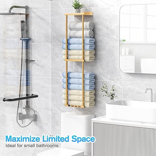 Miniatura 6 de Toallero para baño, organizador de almacenamiento de toallas enrollado vertical montado en la pared con estante, capacidad para 6 toallas de baño