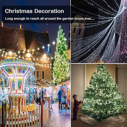 Miniatura 5 de ZHOUDUIDUI Guirnalda de luces de Navidad para exteriores, 800 luces LED de 330 pies, luces blancas de hadas de 8 modos de enchufe, impermeables,