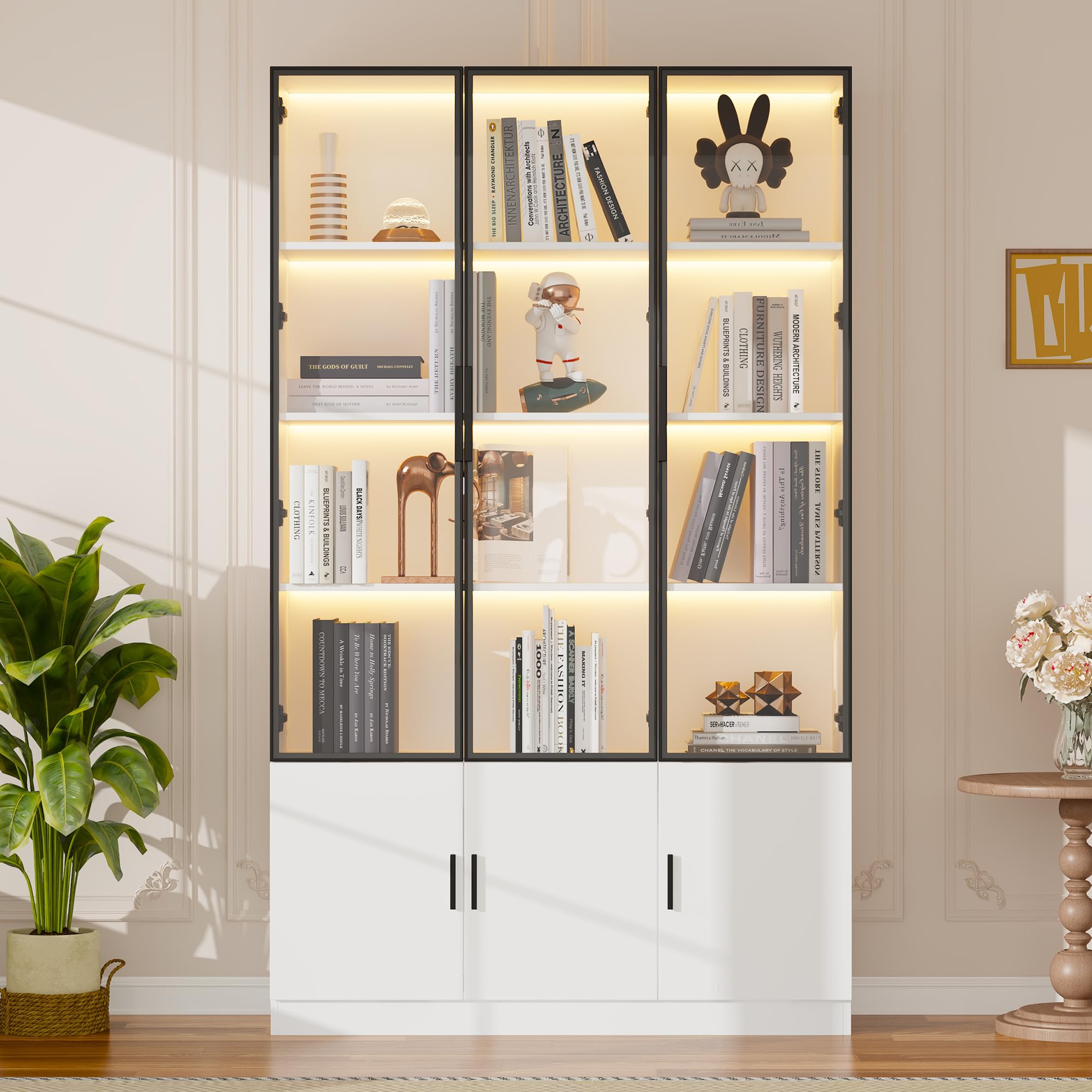 Vitrina de cristal de 120 x 32 x 200 cm, armario alto, vitrina con 6 puertas, armario alto, con LED, armario de salón de 120 cm de ancho, armario multifunción, armario grande (1)