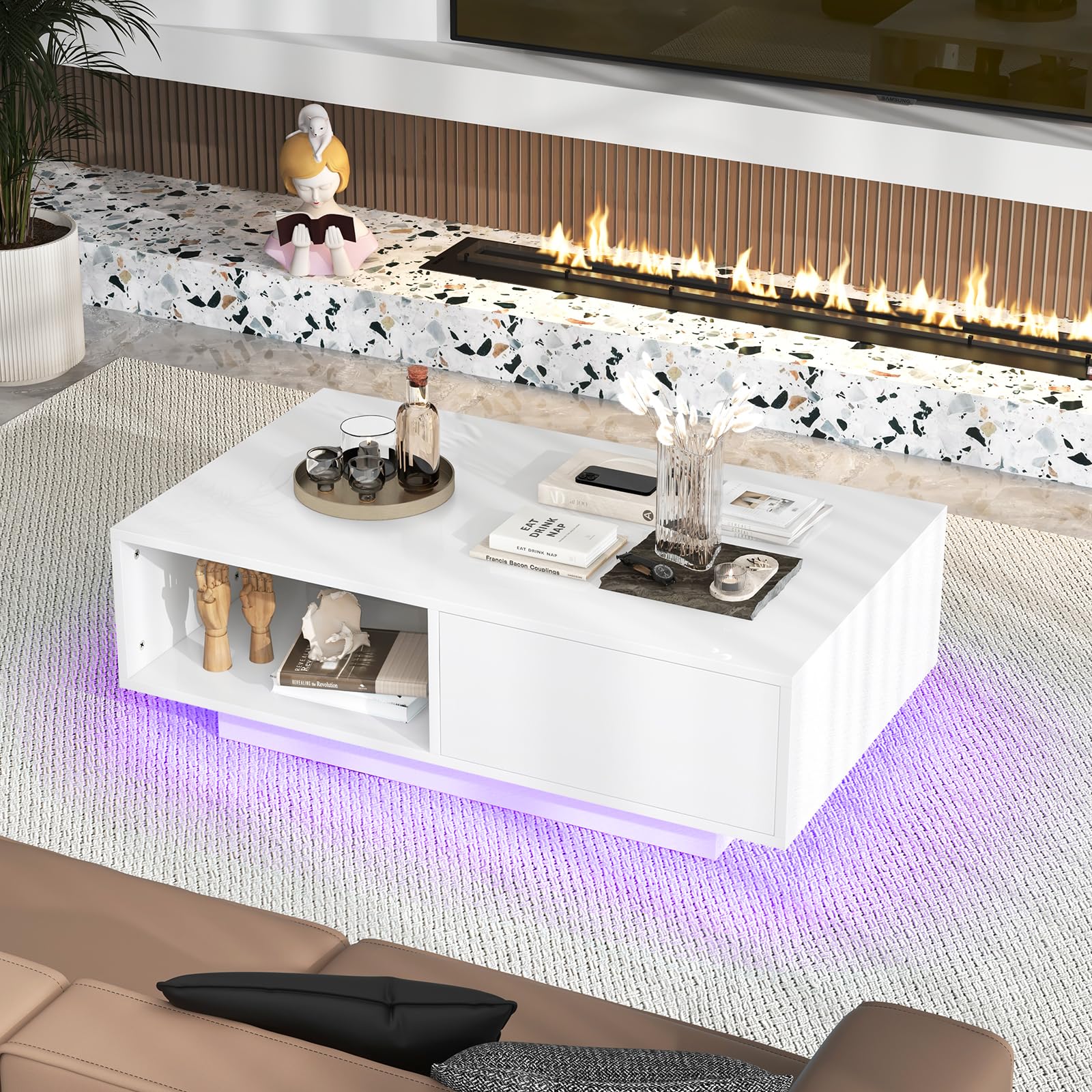 COSTWAY Mesa de Centro con 20 Colores de Luces LED, Mesa Moderna Rectangular con Control Remoto, Mesa Inteligente de Cóctel con Cajón y Estante Abierto, Mesa de Centro para la Sala de Estar (Blanco)