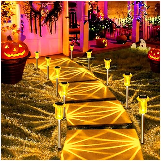DenicMic Halloween Solar Lights Outdoor 10 Pack Orange LED Waterproof Yard Garden Patio Backyard Pathway Walkway Landscape Lawn Outside Fall Decorations Outdoor