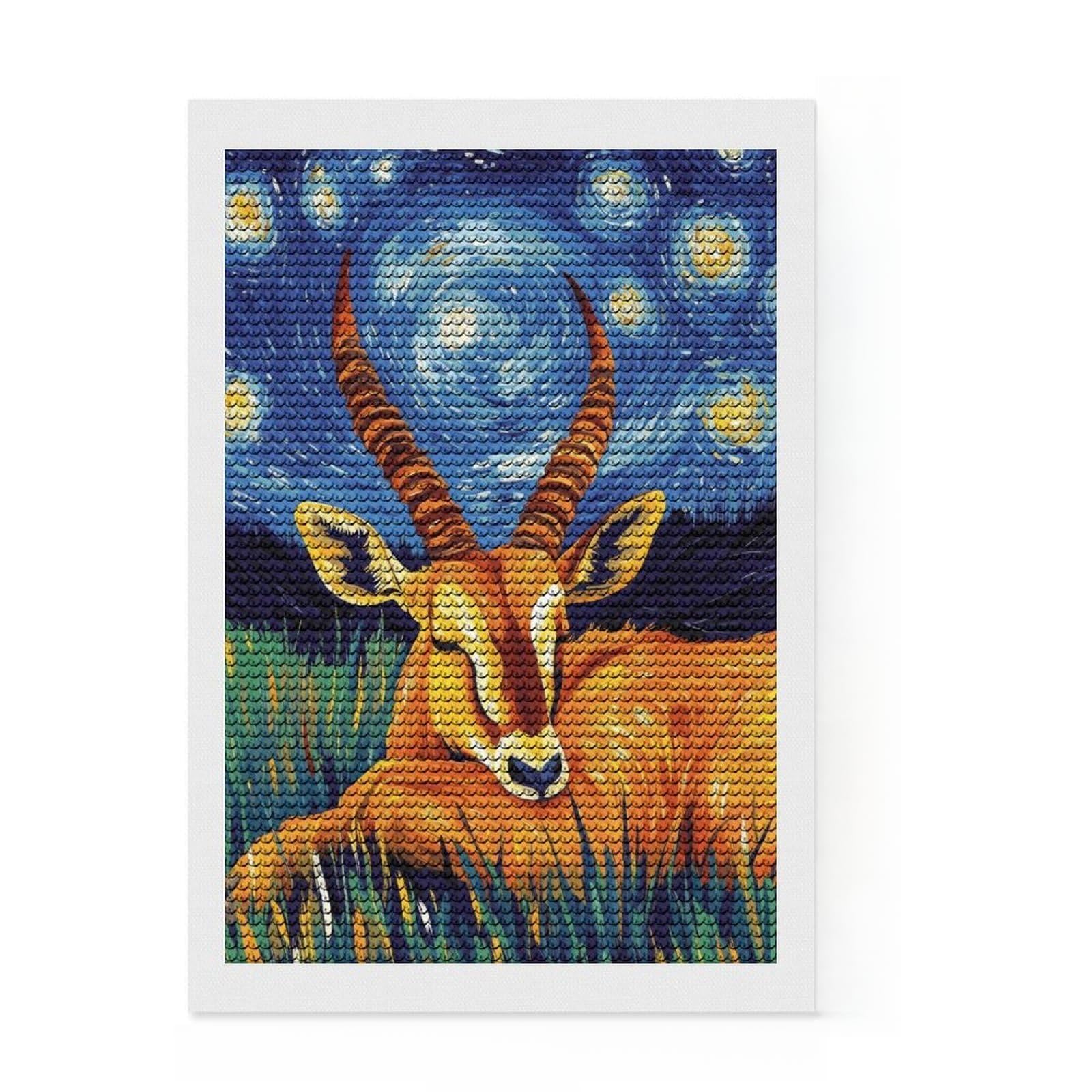 Junmoney Starry Night Gazelle Diamond Art Kit 8"x12", for Creative Relaxation, Easy to Enjoy, Living Room Decor, Gift Idea, Simple to Start