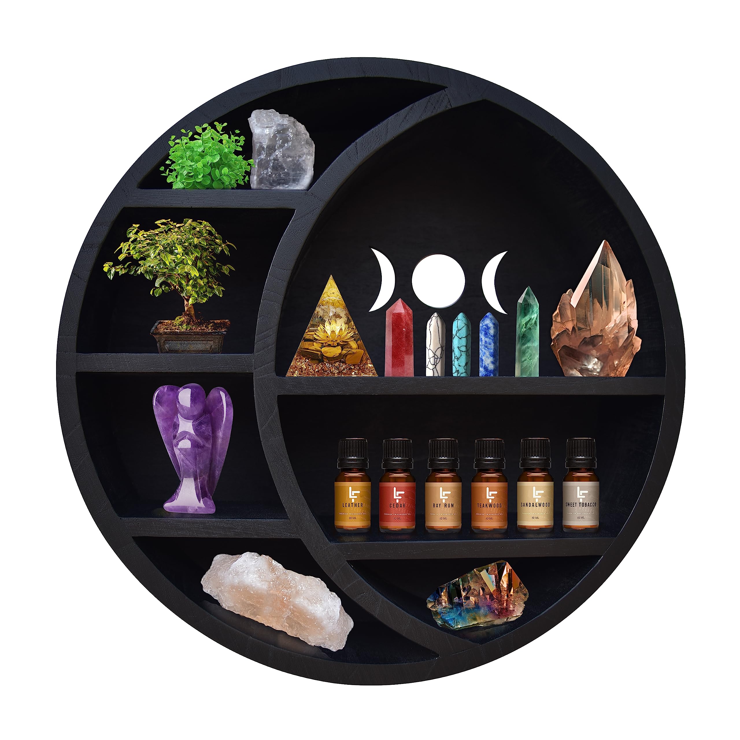Lifezly Crescent Moon Shelf for Crystals | Crystal Shelf Display for Wall, Essential Oils & Moon Wall Decor | Moon Phase Wall Hanging Witchy Decor for Bedroom | Paulownia Wood | Black