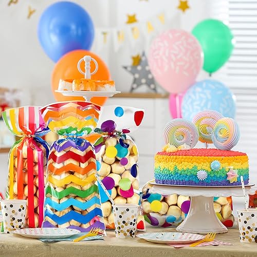 Miniatura 5 de 105 bolsas de celofán arcoíris, diseño de rayas de lunares, bolsas de dulces con lazos giratorios para el día del orgullo, almuerzos escolares, baby