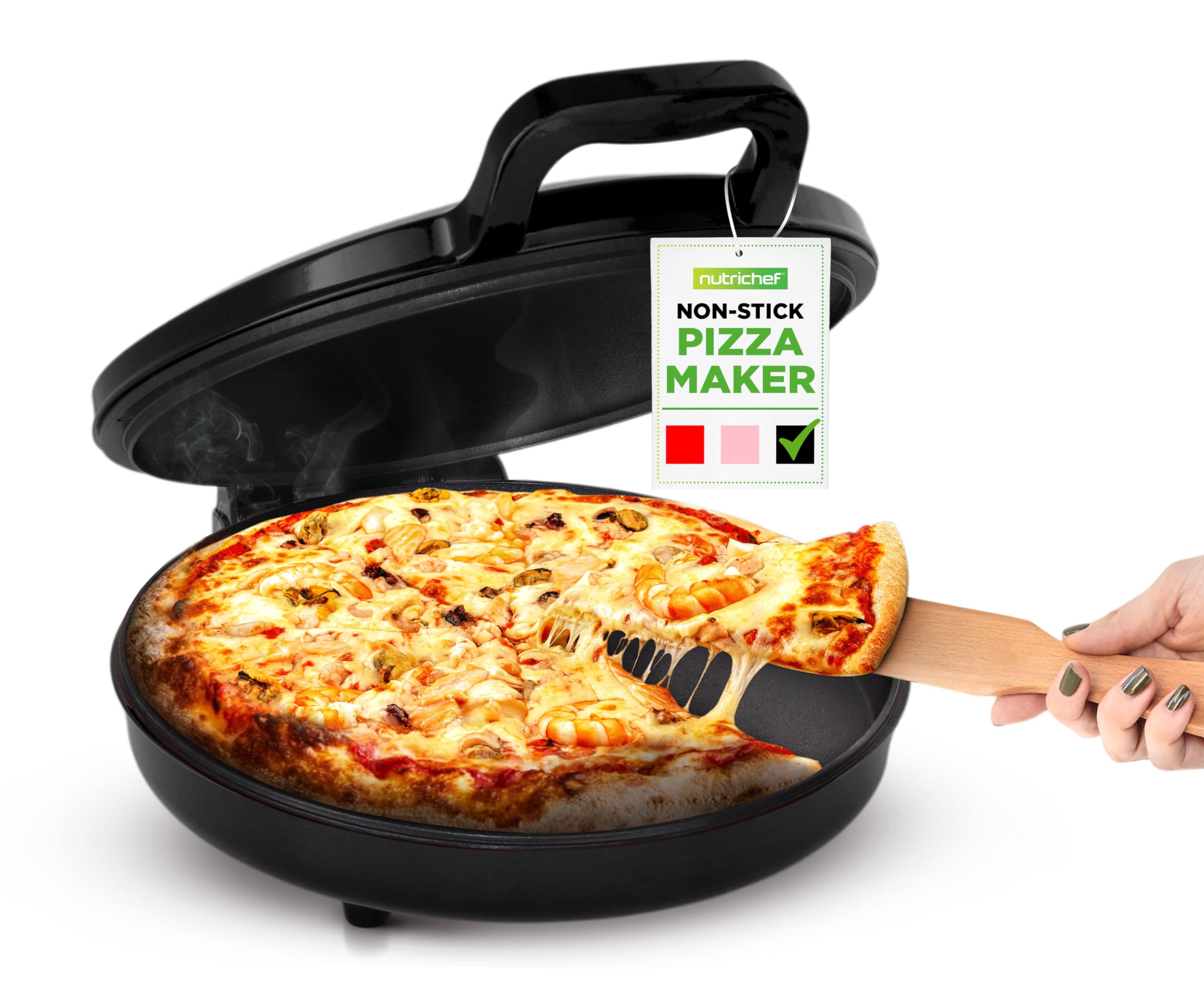 NutriChef Countertop Pizza Maker 1500W Non-Stick Electric Pizza Cooker Temp Control Handle Make 12" Pizzas, Eggs, Toast & More Cool-Touch Handles, Compact 175–400°F Black