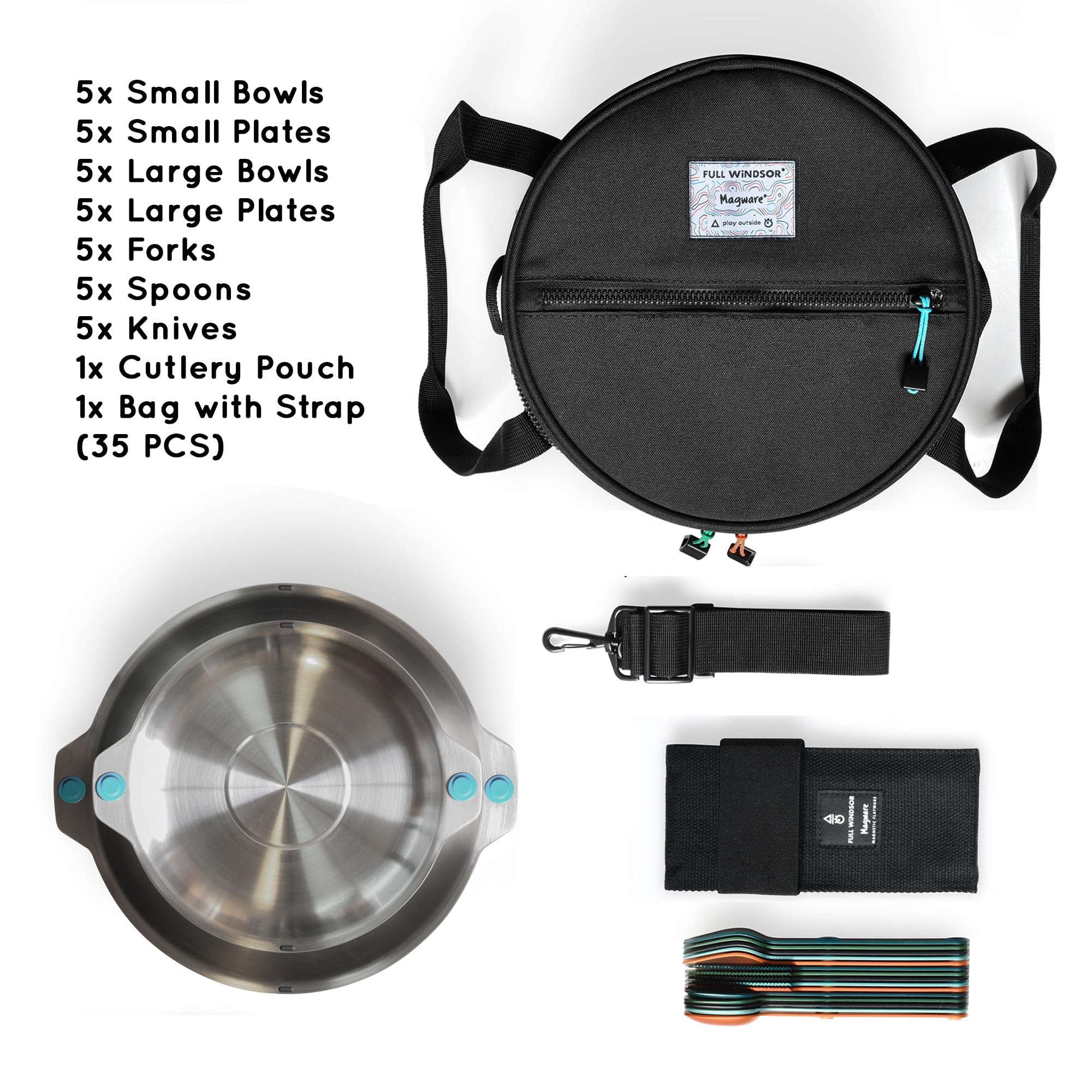 FULL WiNDSOR MAGWARE – Magnetisches Schüsseln, Teller und Besteck-Set – tragbares Edelstahlgeschirr und Besteck für Essen im Freien, Camping, Rucksackreisen & stapelbares Chaos Kit (35-teilig)