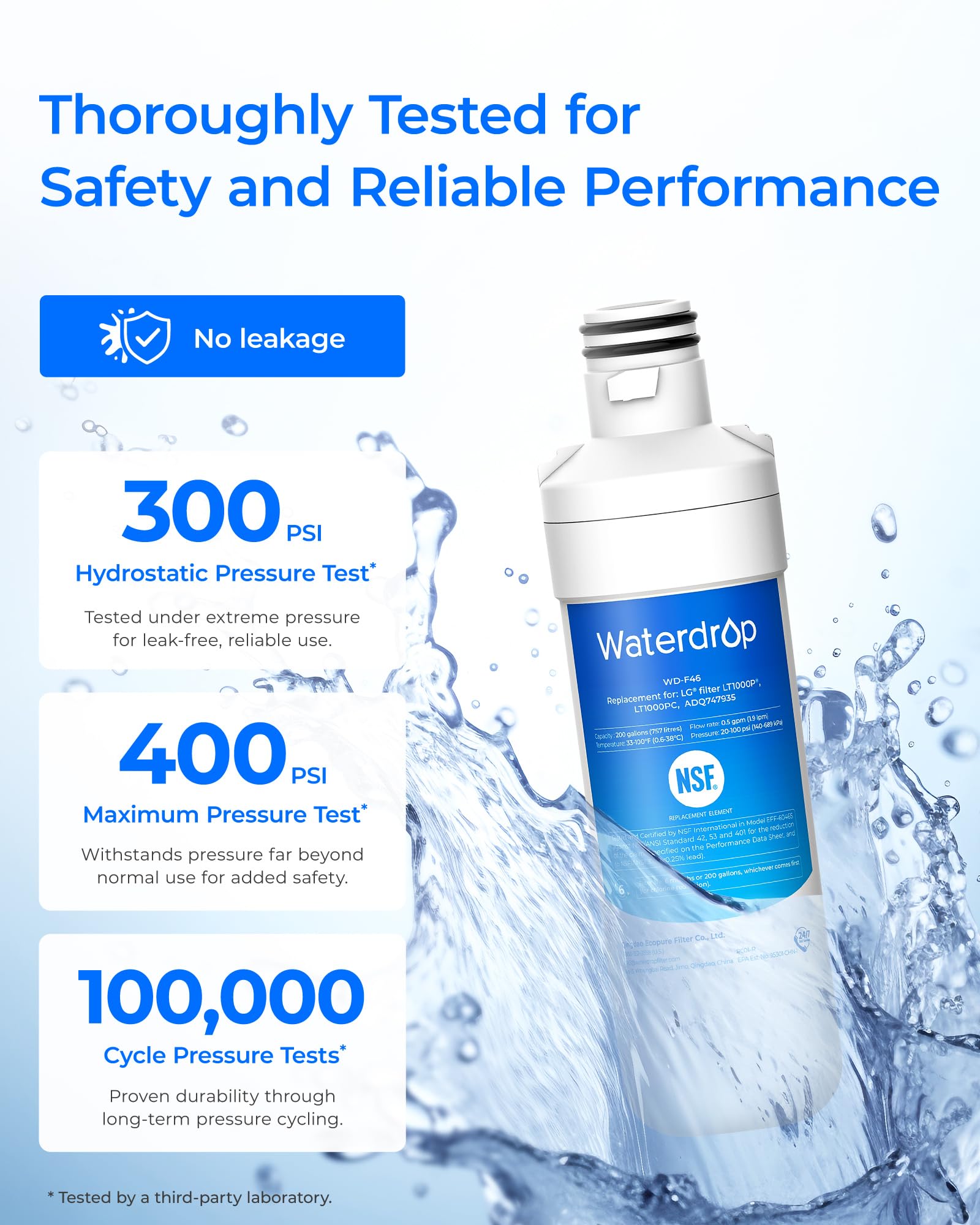 Waterdrop LT1000PC ADQ747935 MDJ64844601 filtr wody do lodówki, zamiennik dla LG® LT1000P®, ADQ74793501, ADQ74793502, Kenmore 46-9980, 9980, certyfikat NSF, opakowanie 3 szt