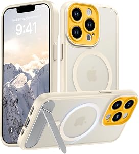 Magnetic Compatible with iPhone 13 Pro Case, [Built-in Kickstand][Full Camera Protection][Compatible with MagSafe][Anti-Fingerprint] Shockproof Phone Case for iPhone 13 Pro 6.1", Beige & Yellow