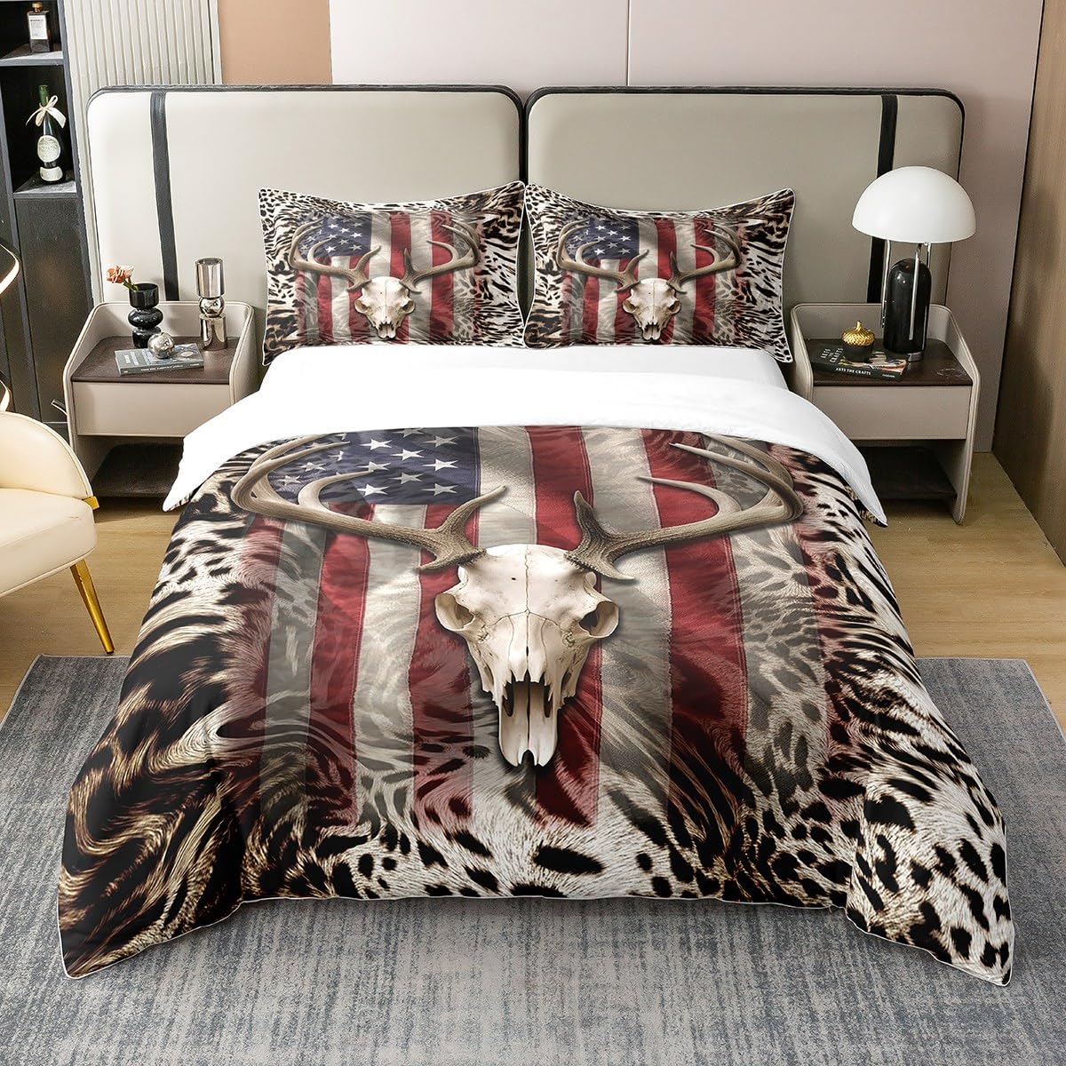Homewish 100% Cotton Flag Bedding Set Double Antlers Deer Skull Duvet Cover for Boys Girls Zebra Leopard Print Comforter Cover Skeleton Deer Head Bed Set Wildlife Hunting Theme Quilt Cover