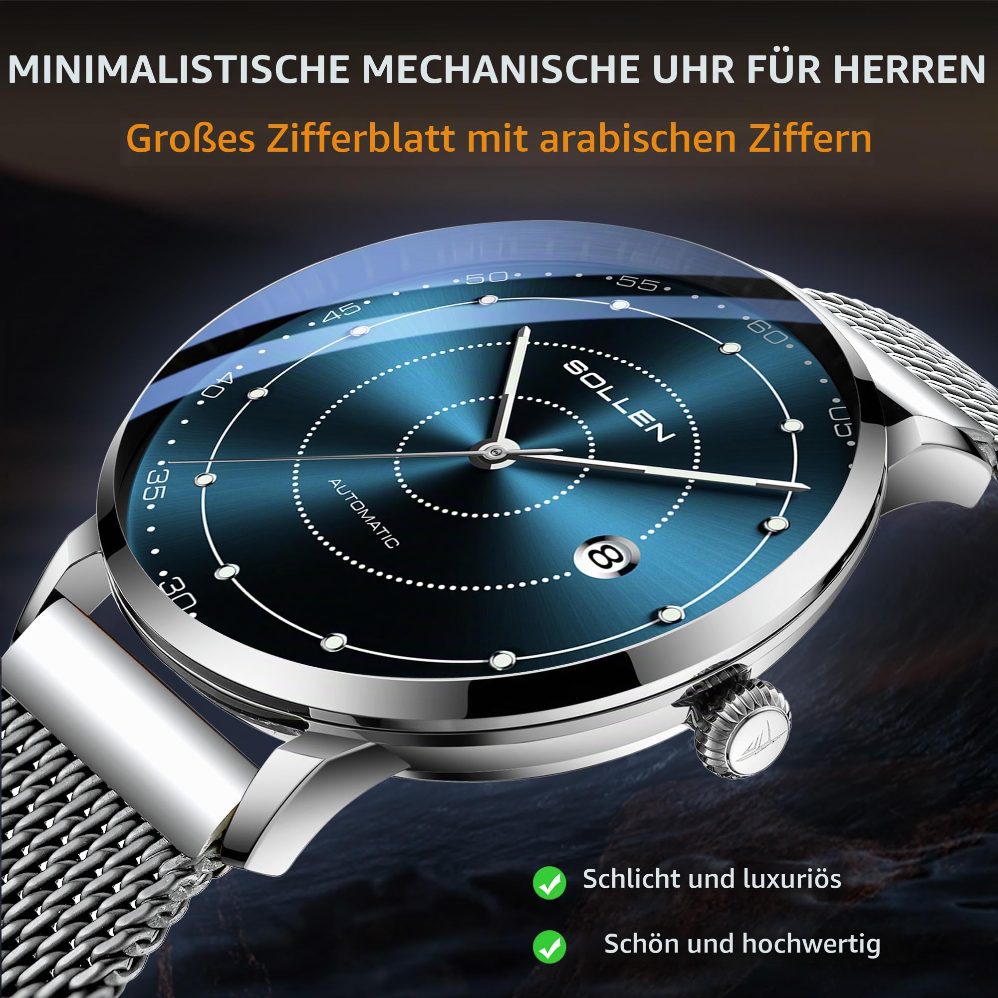 SOLLEN Mechanische Armbanduhren Herren,Klassische Minimalistische Herrenuhren Luxus,Wasserdicht Leuchtend Selbstaufzug Business Automatische Herrenuhr mit Kalendar,Automatikuhr als Geschenk für Männer