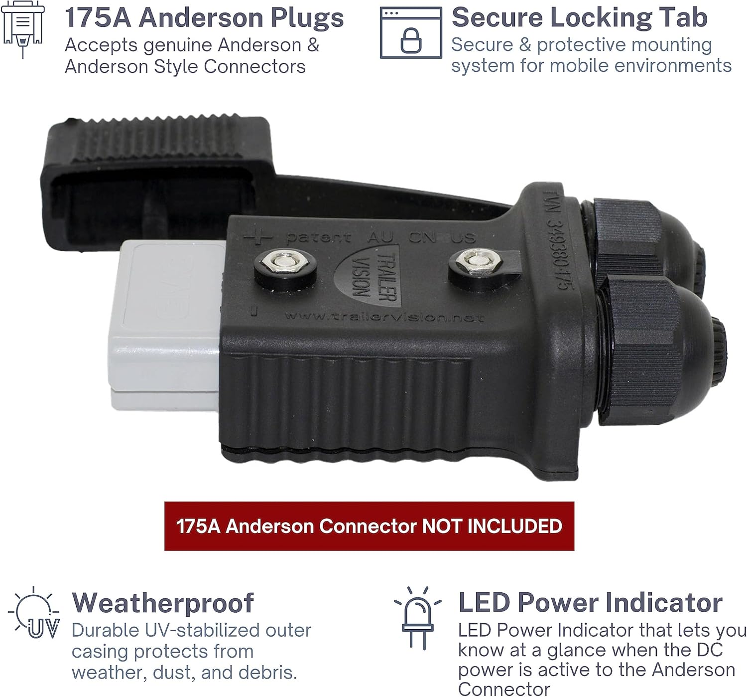 Trailer Vision SB 175 Anderson Connector Cover Assembly - 175 Amp Anderson Plugs Protective Mount with LED 2-Pole Quick Connect 2-1/0 AWG - RV, Caravans, Trucks, Trailers, Battery Boxes 175A Black