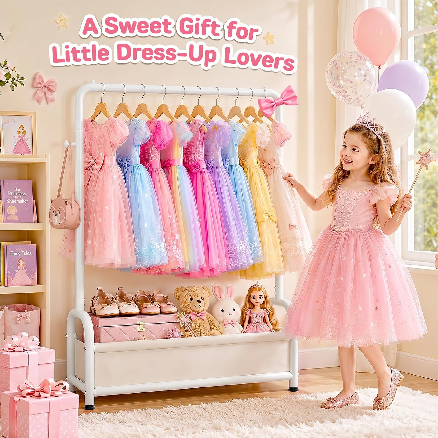 Kids Clothing Rack with Storage Basket: Sturdy U-Shaped Base Dress Up Storage - Baby Clothes Rack Baby Closet Organizer for Costumes, Shoes & Accessories, Bedroom, Playroom, Nursery