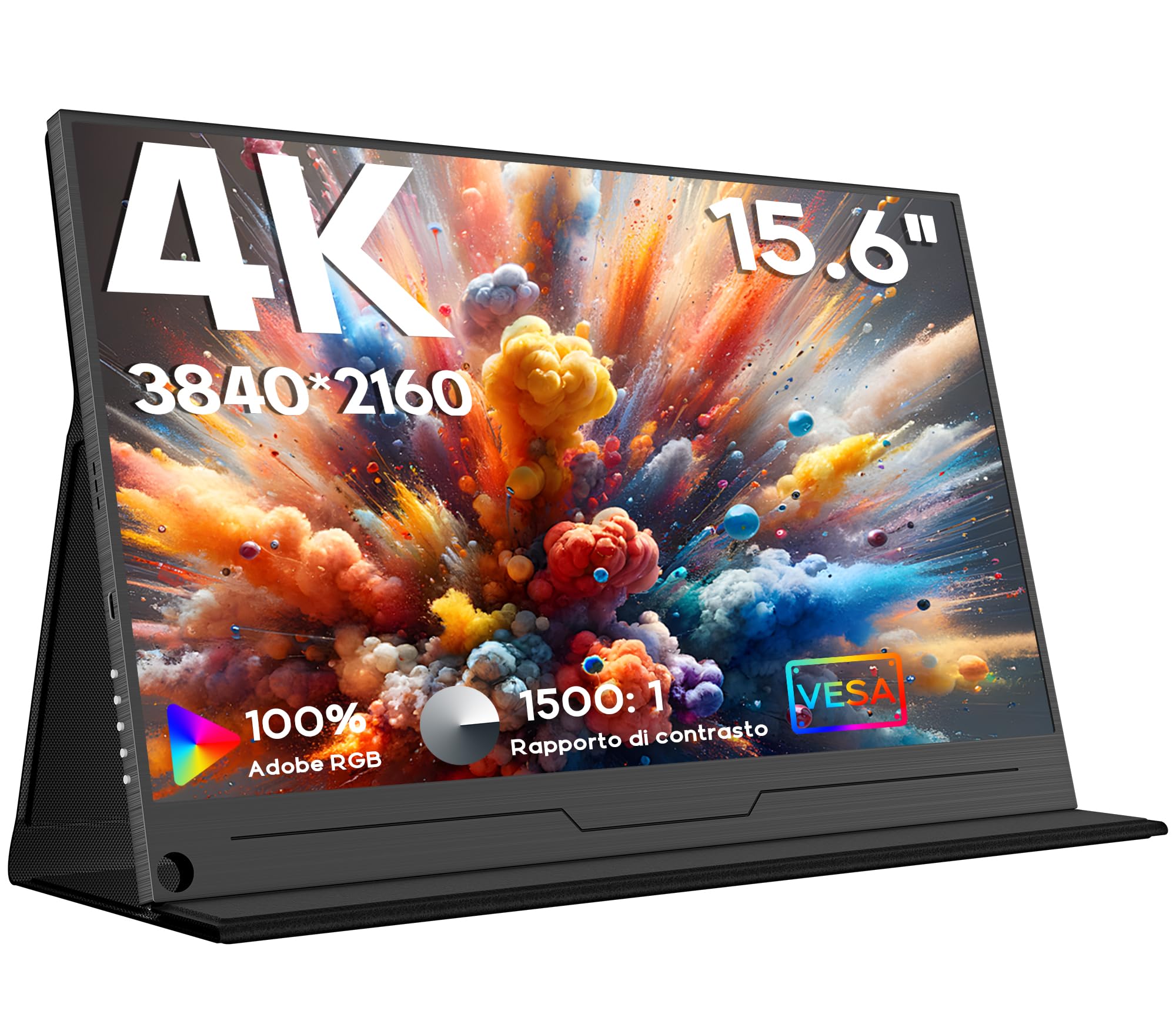 HONGO 4K Monitor Portatile, Schermo Portatile 15,6" 3840x2160 UHD 100% AdobeRGB 1500:1 Contrasto, Portable Monitor per Laptop PC Mac PS4/5/Xbox Phone, HDR Smart Display IPS, Supporto HDMI/Tipo C/USB C