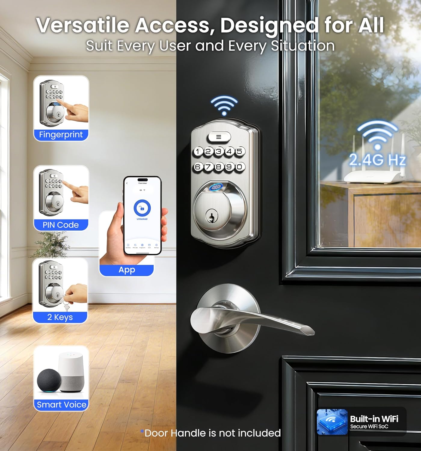 Condition photo showing Good Condition for Veise VE012W Built-in WiFi Fingerprint Smart Lock, App Remote Control, Compatible with Alexa & Google Assistant, Keyless Entry for Front Door, Digital Keypad Deadbolt, Auto Lock, Satin Nickel