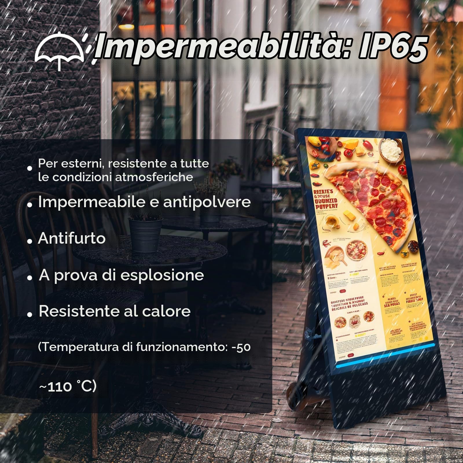 YCKJNC Totem Pubblicitario Digitale da Esterno 43", Schermo Pubblicitario Alta Luminosità 2000 Nits con Batteria 10h, Stop-Trottoir Impermeabile IP65 per Ristorazione