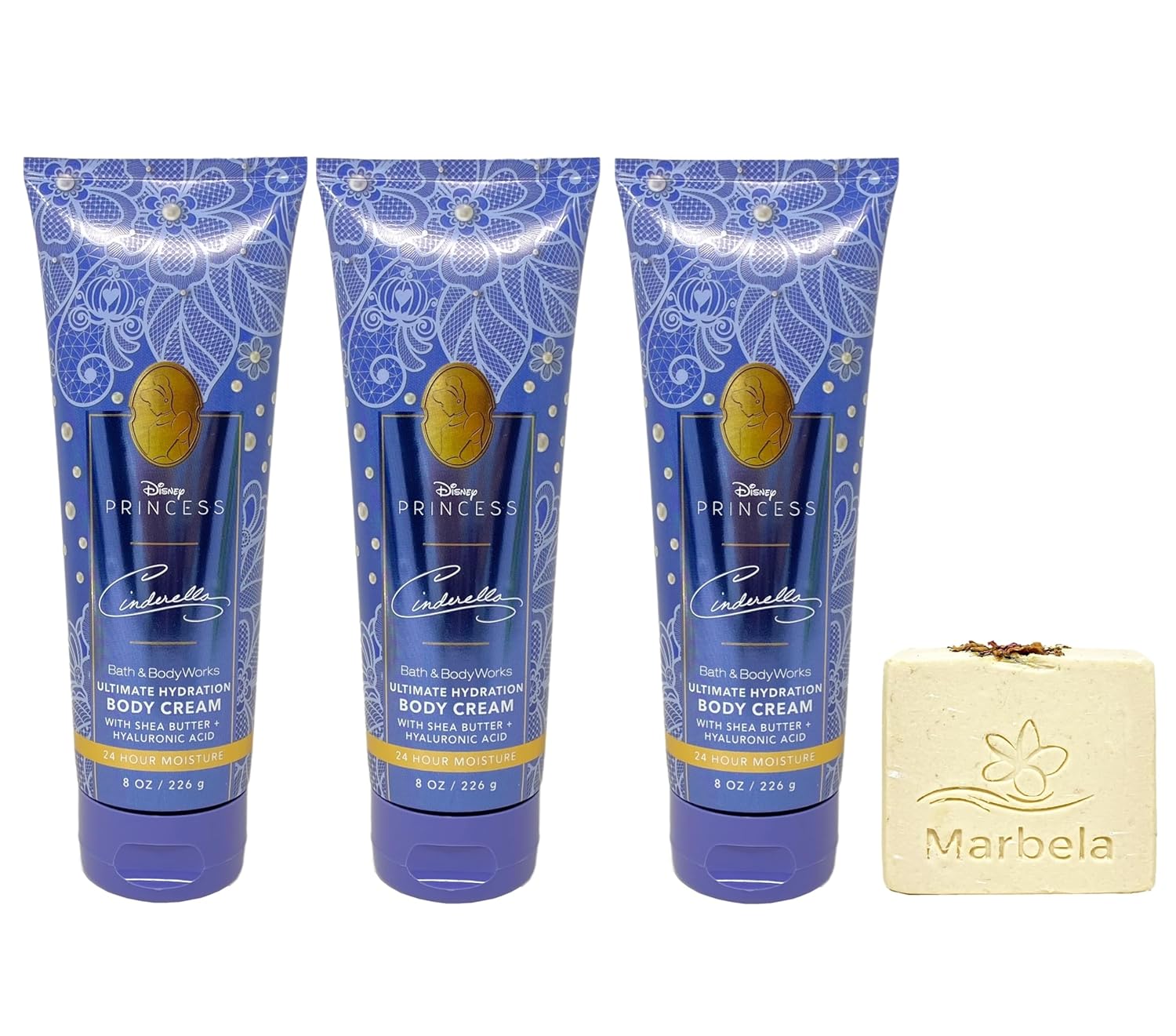Bath & Body Works Limited Edition Princess Collection Cinderella 3 Pack Body Cream Bundle with a Creamy Rose Bar Soap - Full Size