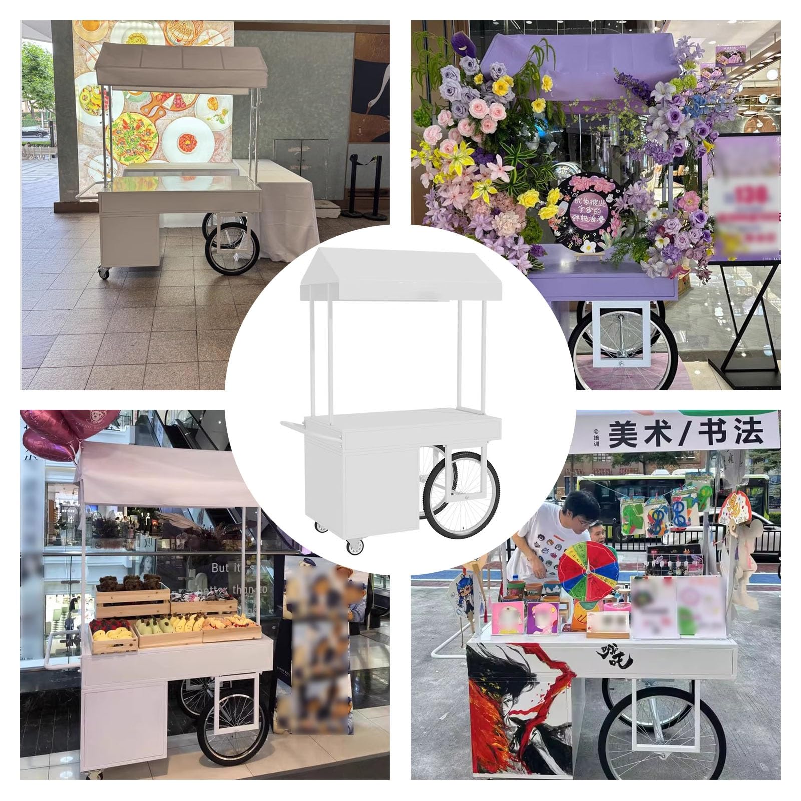 Carrito de Comida Callejero,Móvil de Venta Ambulante de Comida,Almacenamiento Abierto, Gran Capacidad de Carga,Acabado Pintado,para Tiendas minoristas en Calles.(Wit,140 * 70 * 200cm)
