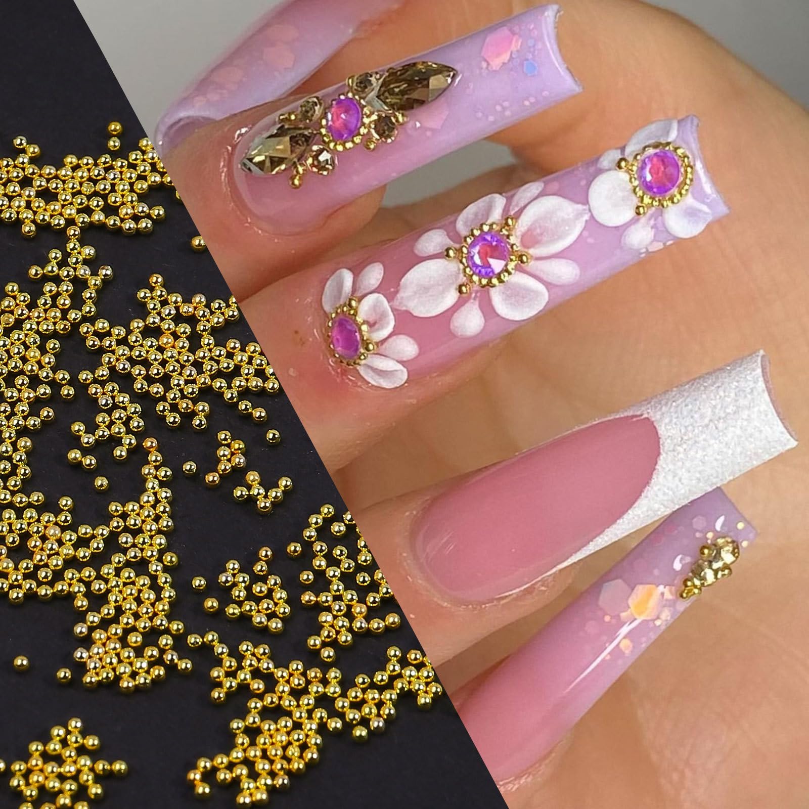 Mini koraliki do paznokci, 1-3 mm, metalowe koraliki kawiorowe, srebrne i złote, koraliki do zdobienia paznokci, mikrokawior do paznokci, cyrkonie do dekoracji manicure