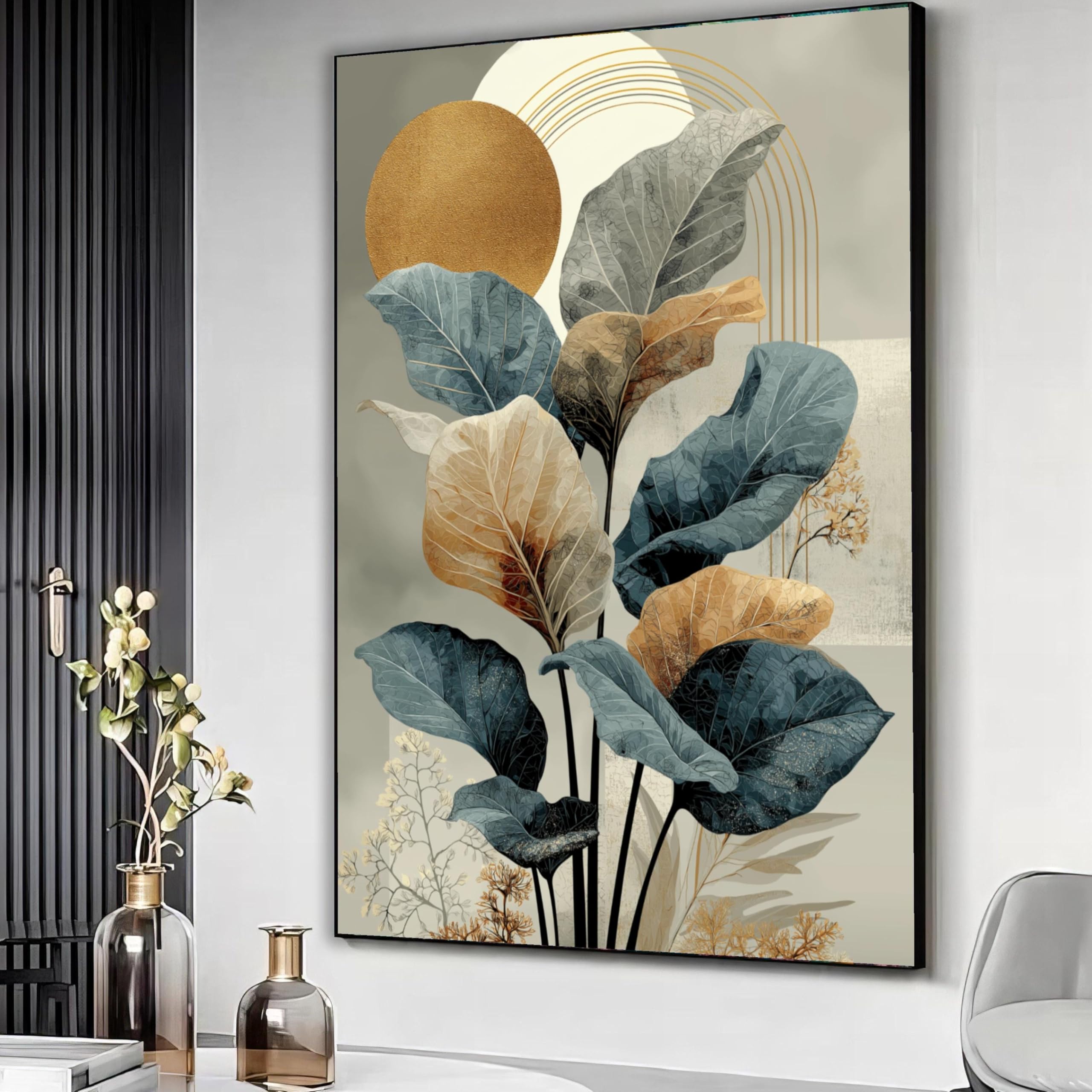 YUSUZHU Botanical Canvas Wall Art, Abstract Leaf Design, Blue Gold Foliage, Nature Inspired Home Decor, Ready to Hang Painting(50x70cm/Frameless)