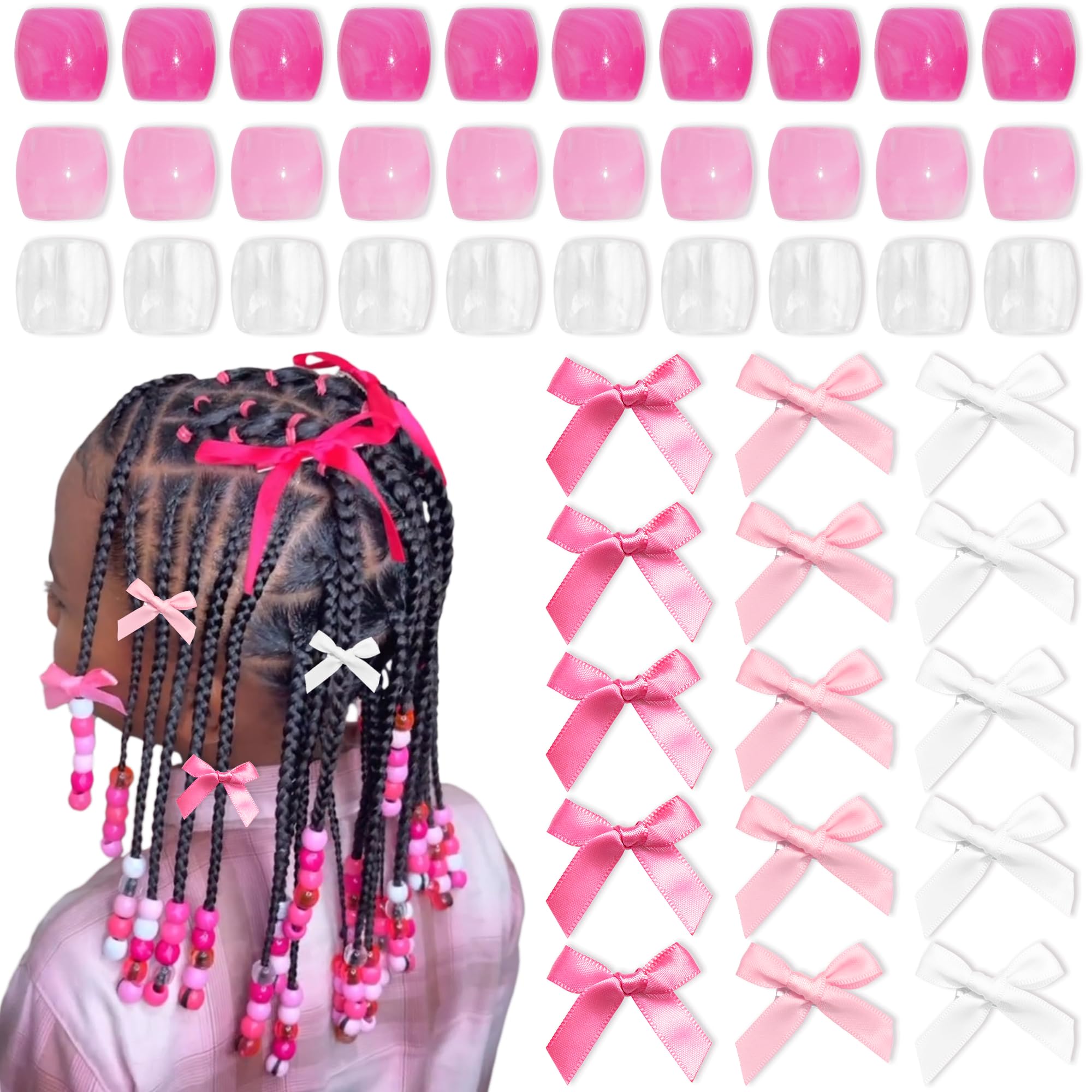 Arocooy Hair Beads for Braids Hot Pink Loc Dreadlock Beads and Satin Bow Hair Clips Cute Hair Accessories for Kids Girls