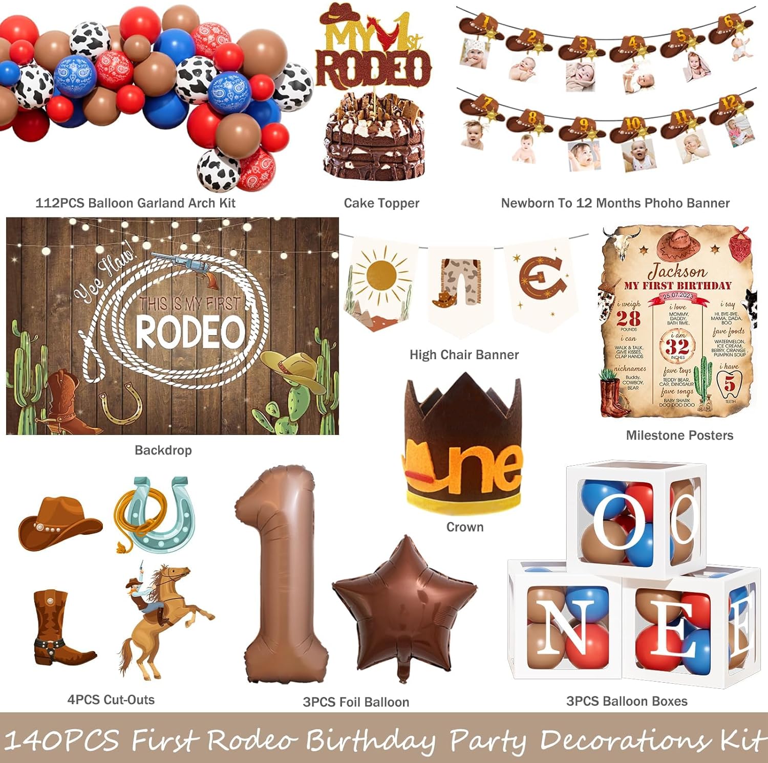 My First Rodeo Decorations Boy, First Rodeo Birthday Decorations, Western Cowboy 1st Birthday Party Decorations, This is My First Rodeo Backdrop Balloon Banner Cake Topper for One Year Old Boy