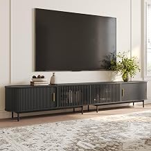 POVISON Fully-Assembled Sliding Tambour Door TV Stand, Mid Century Modern TV Console, Wood Media Console, Entertainment Center with Storage CabinetBlack, 118.11"