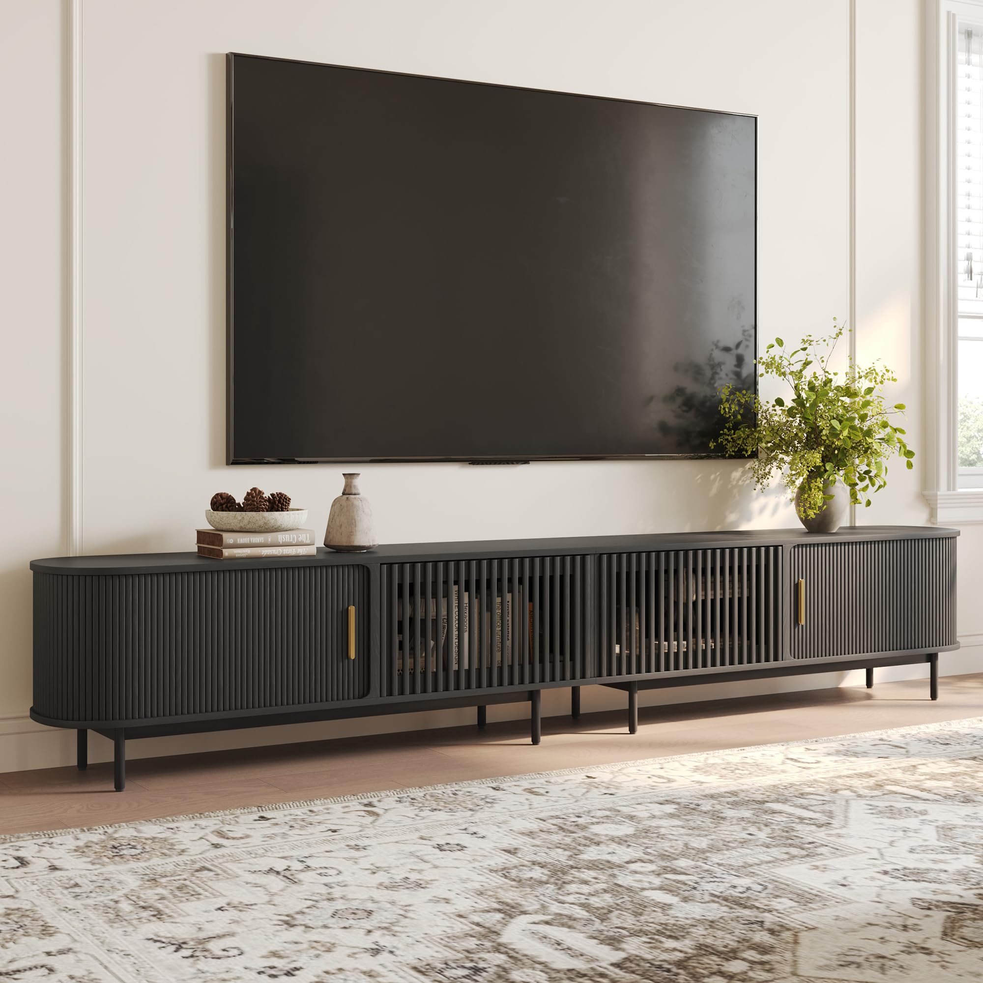 POVISON 118.11' Wood Fully-Assembled Sliding Tambour Door TV Stand, Black