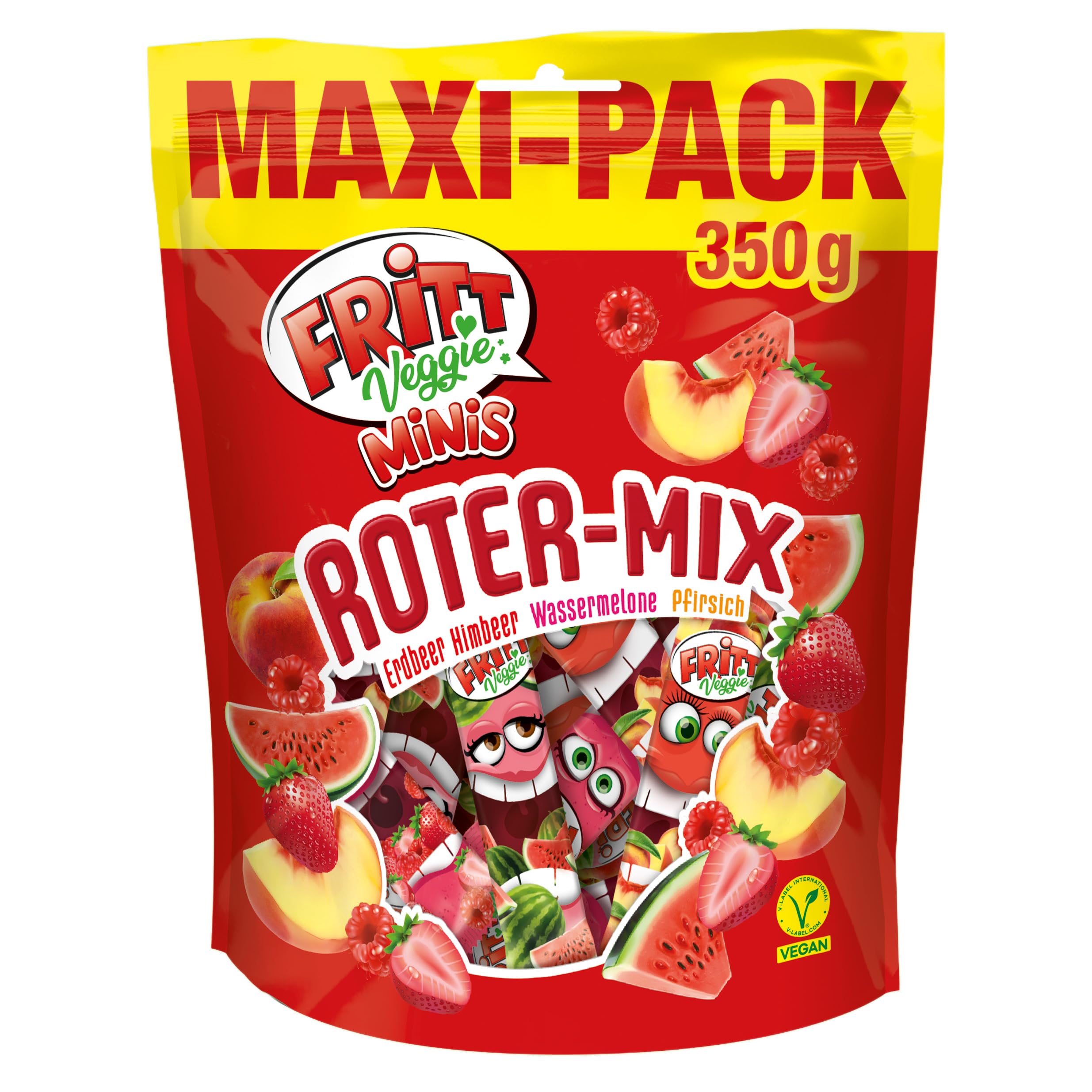FRITT Minis Vegan Maxi-Pack 350g, Roter Mix mit den veganen Sorten Erdbeer & Himbeer, Wassermelone, Pfirsich, für Ostern