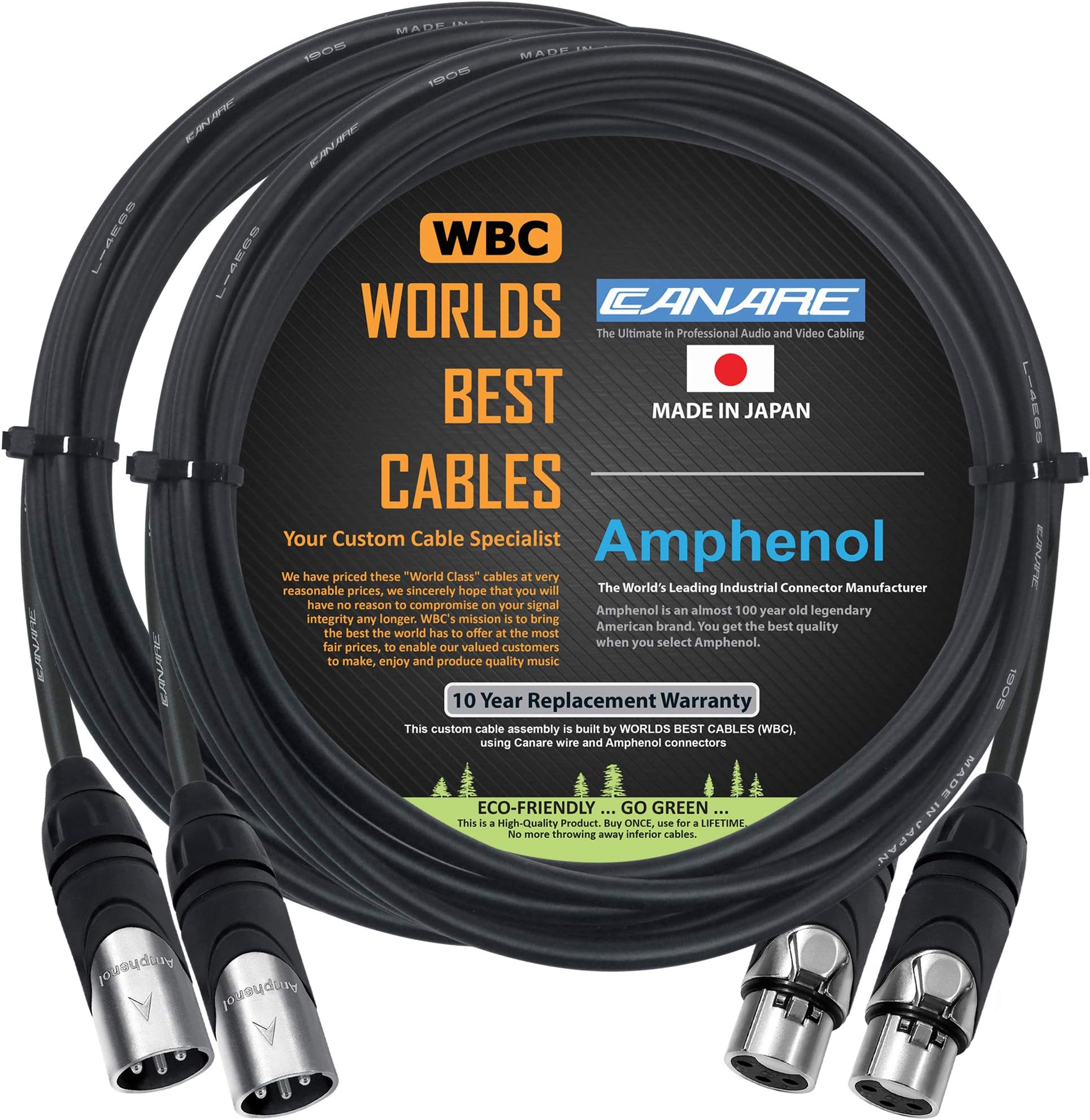 2 Units - 10 Foot - Canare L-4E6S, Star Quad Balanced Male to Female Microphone Cables with Amphenol AX3M & AX3F Silver XLR Connectors - Custom Made by