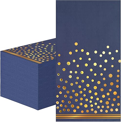 100 Piezas Servilletas de Papel Azules Desechables - Servilletas de Fiesta Azules con Puntos Dorados Servilletas de Cena Azul Marino para Boda