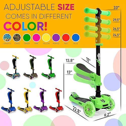 Miniatura 3 de Hurtle Patinete de 3 ruedas para niños, luces LED de ruedas, manubrio ajustable de inclinación para dirigir y asiento plegable, paseo sentado o de